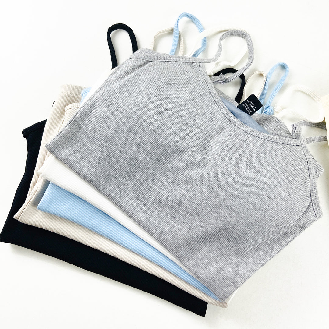 Womens Adjustable Straps Ribbed Built in Padded Bra Cotton Tank Top