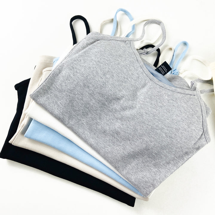Womens Adjustable Straps Ribbed Built in Padded Bra Cotton Tank Top