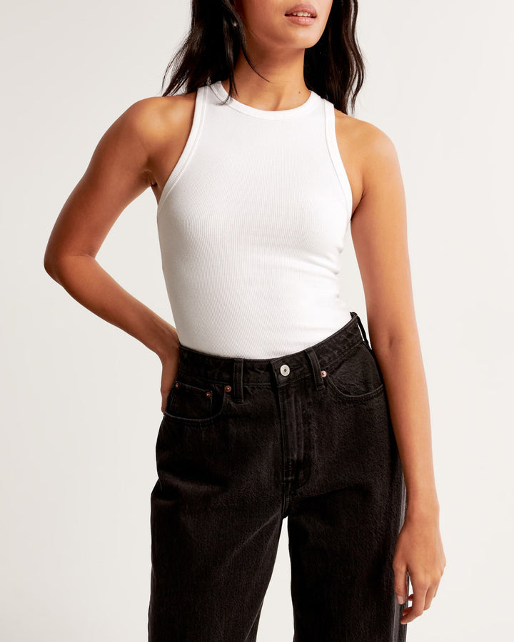 Womens Slim-Fit High Neck Ribbed Cotton Tank Top