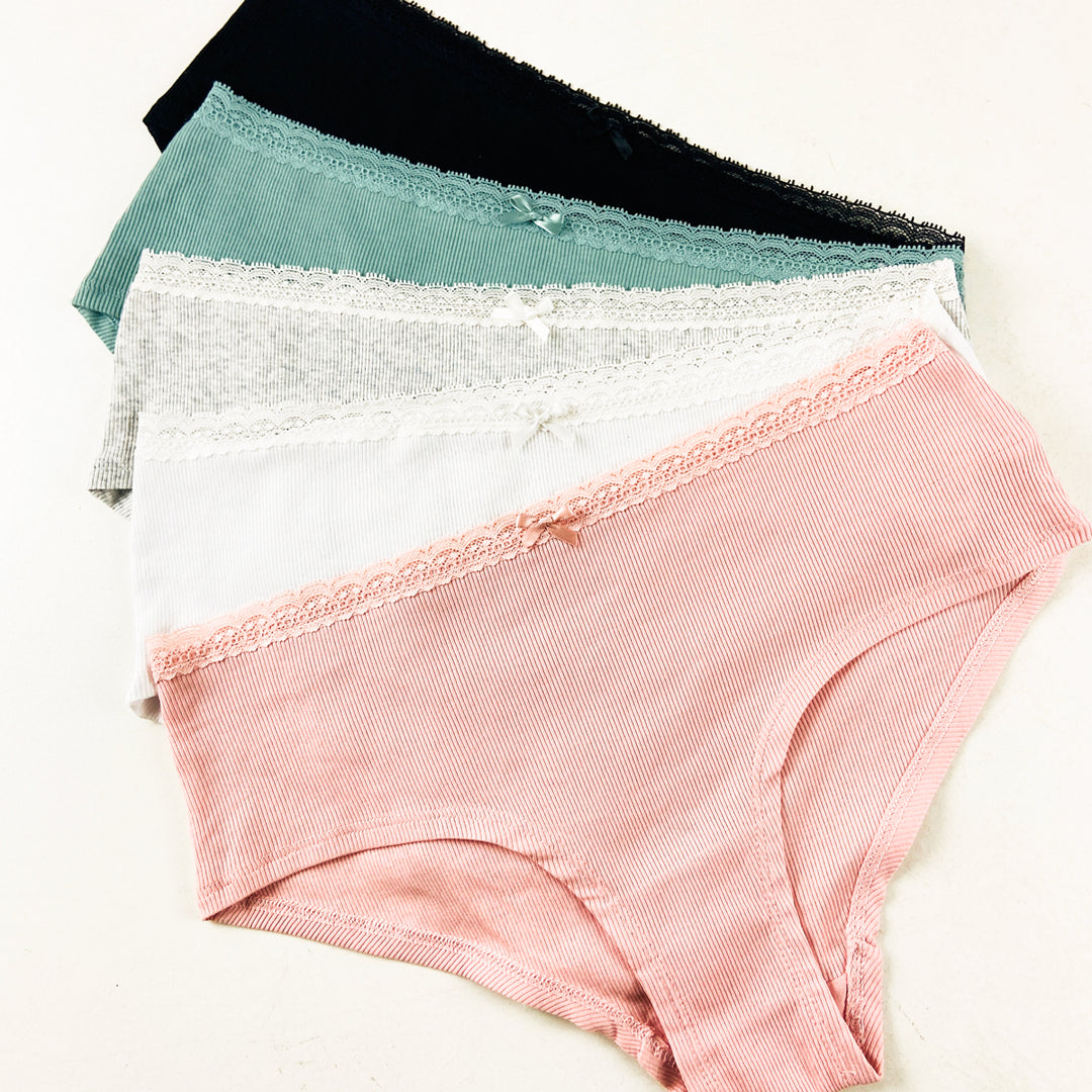Pack of 3 Womens Ribbed Cotton Lace Waist Hipster Panty