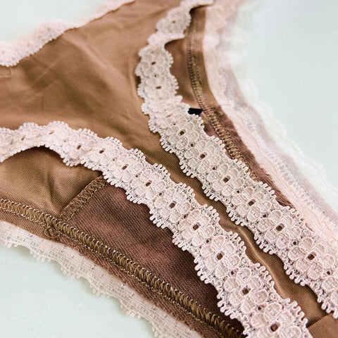Womens 3 Pack Lace Trim Microfiber Brazilian Thong