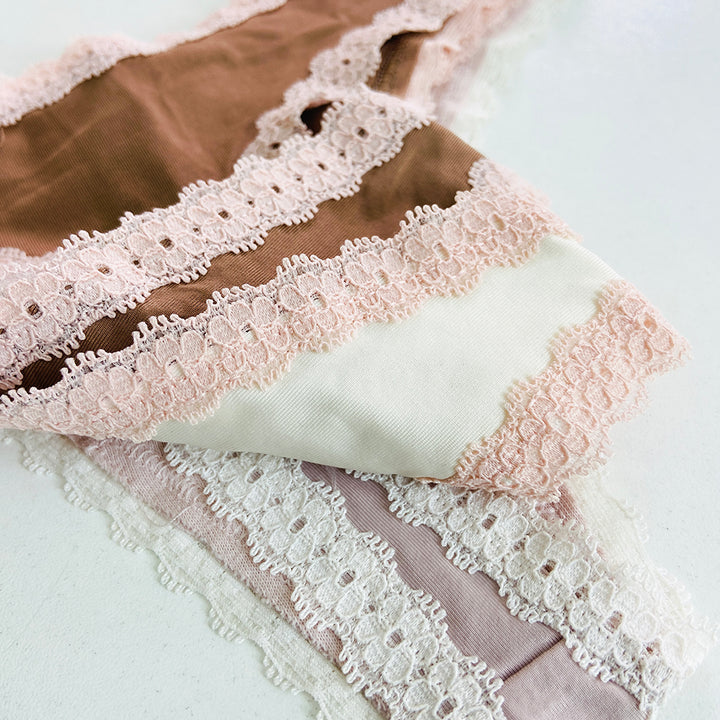 Womens 3 Pack Lace Trim Microfiber Brazilian Thong