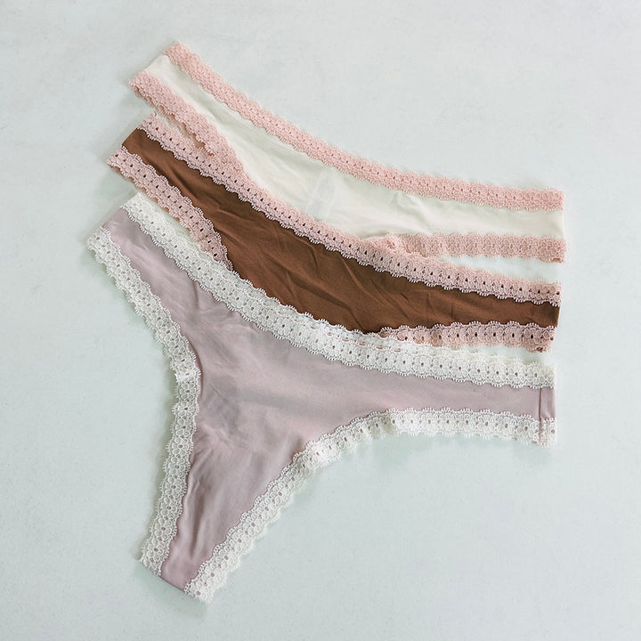 Womens 3 Pack Lace Trim Microfiber Brazilian Thong