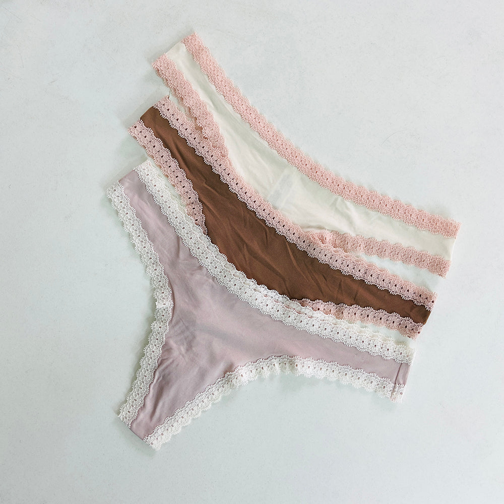 Womens 3 Pack Lace Trim Microfiber Brazilian Thong