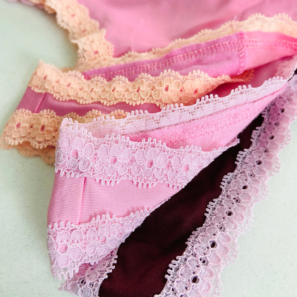 Womens 3 Pack Lace Trim Microfiber Brazilian Thong