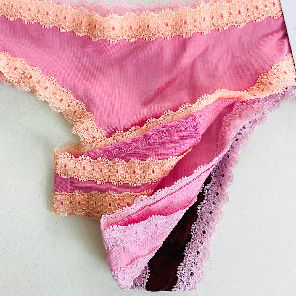 Womens 3 Pack Lace Trim Microfiber Brazilian Thong