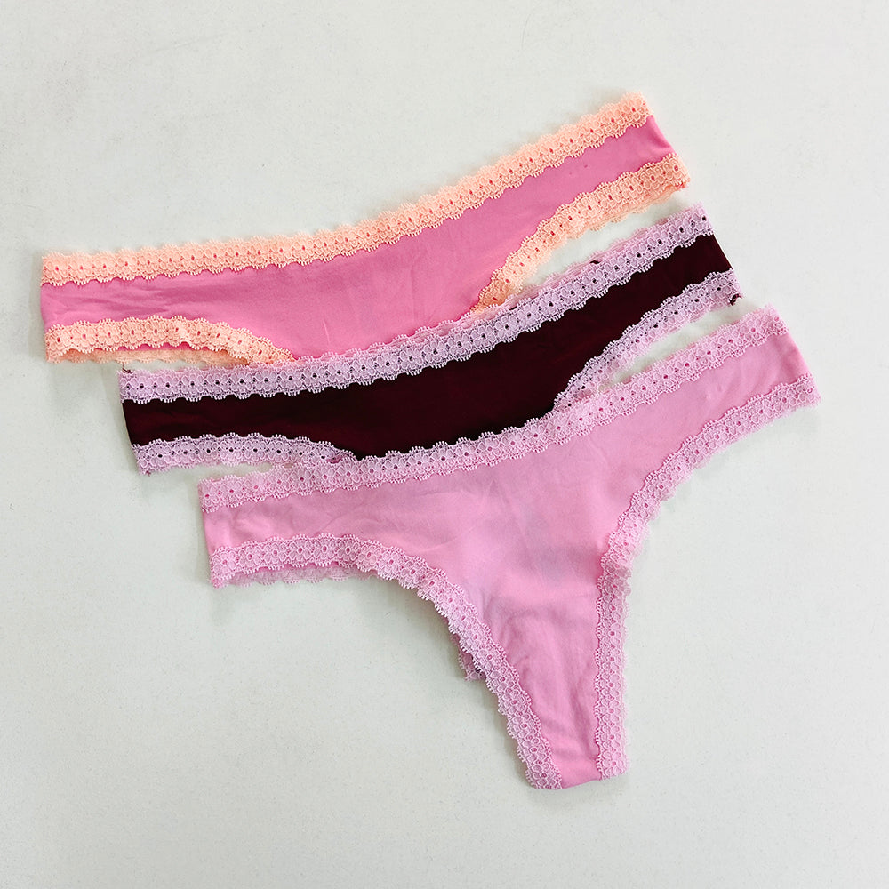 Womens 3 Pack Lace Trim Microfiber Brazilian Thong