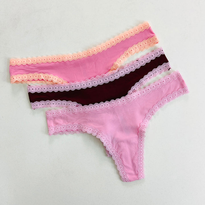 Womens 3 Pack Lace Trim Microfiber Brazilian Thong