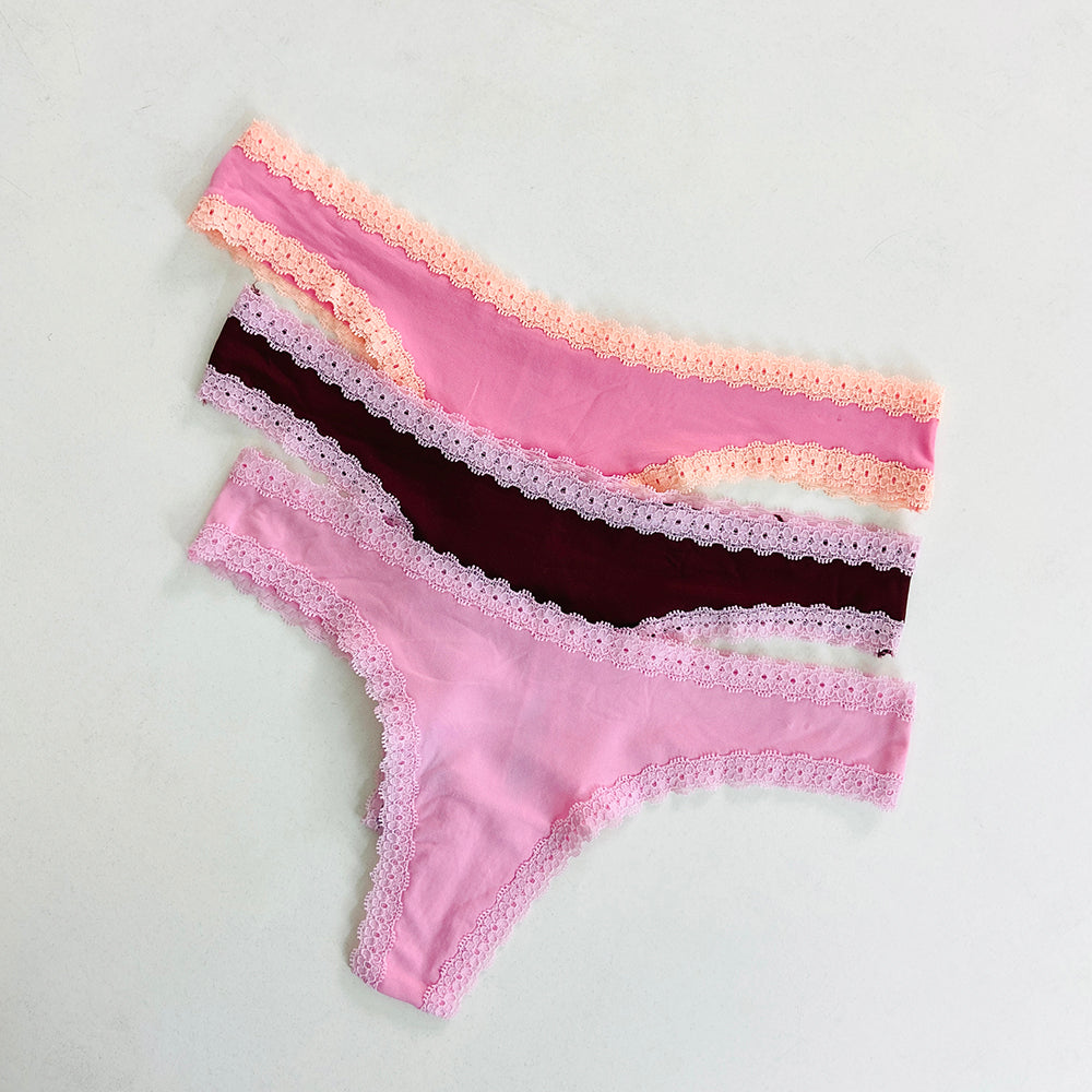 Womens 3 Pack Lace Trim Microfiber Brazilian Thong