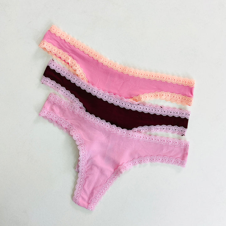 Womens 3 Pack Lace Trim Microfiber Brazilian Thong