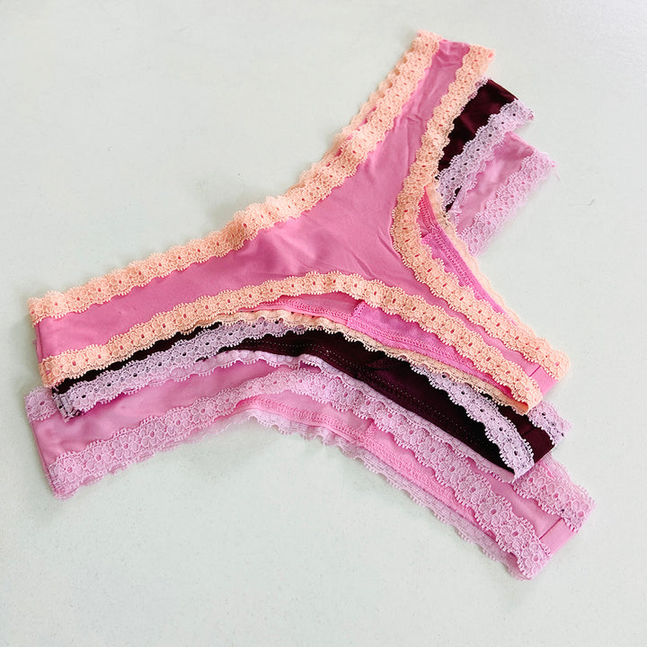 Womens 3 Pack Lace Trim Microfiber Brazilian Thong