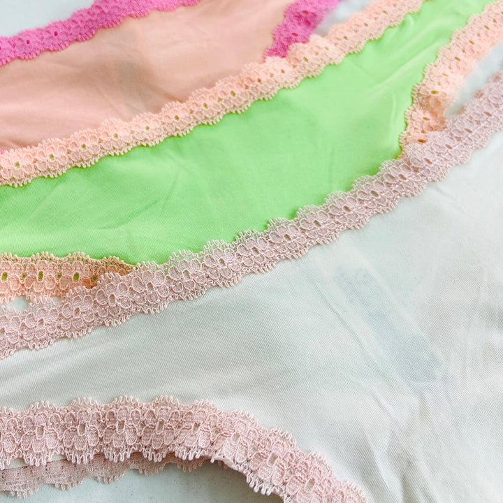 Womens 3 Pack Lace Trim Microfiber Brazilian Thong
