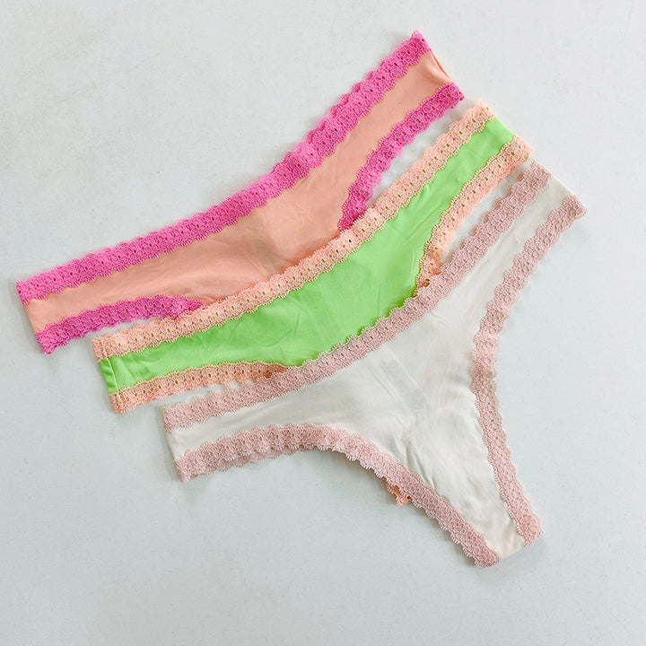 Womens 3 Pack Lace Trim Microfiber Brazilian Thong