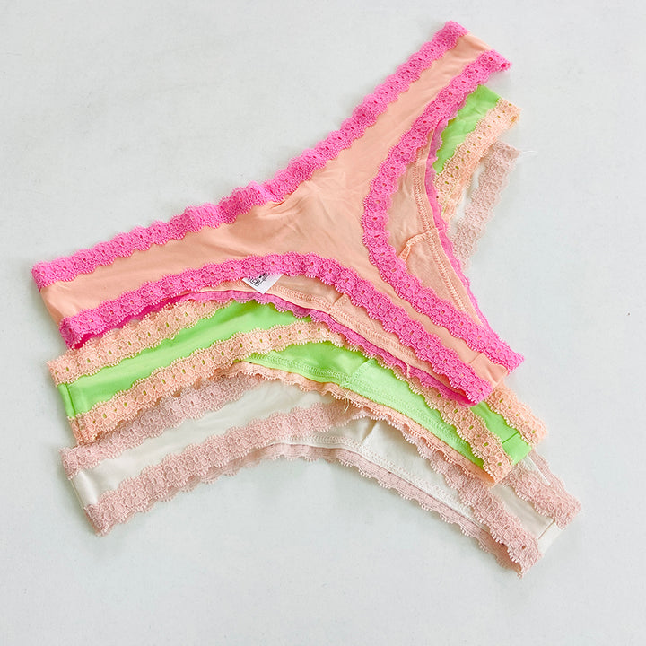 Womens 3 Pack Lace Trim Microfiber Brazilian Thong