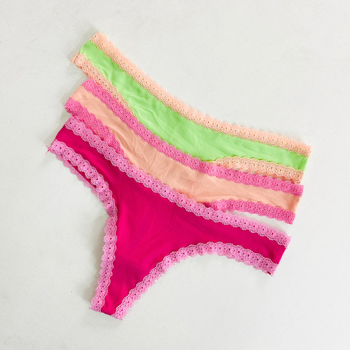 Womens 3 Pack Lace Trim Microfiber Brazilian Thong