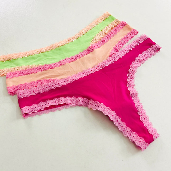 Womens 3 Pack Lace Trim Microfiber Brazilian Thong