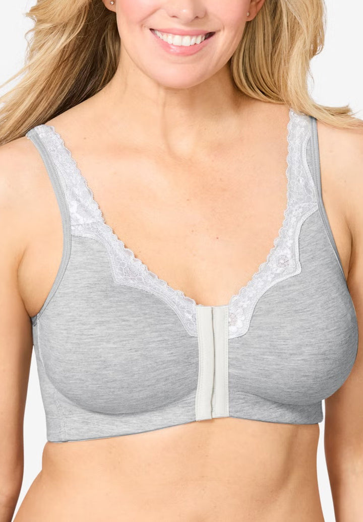 Womens Front-Close Cotton Comfort Lace Trim Bra