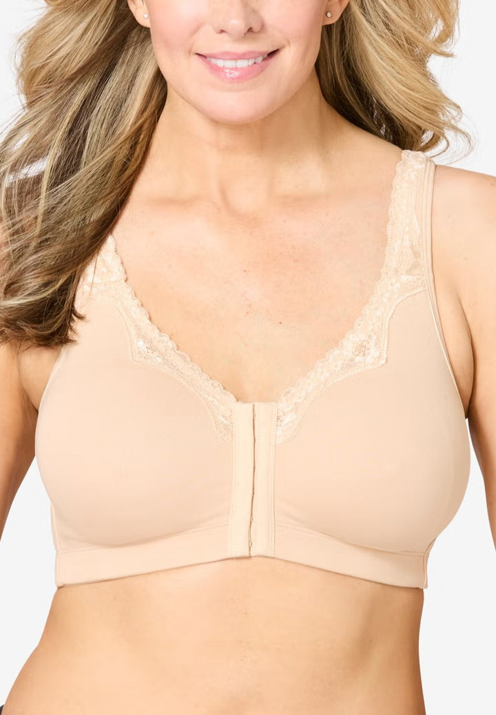 Womens Front-Close Cotton Comfort Lace Trim Bra