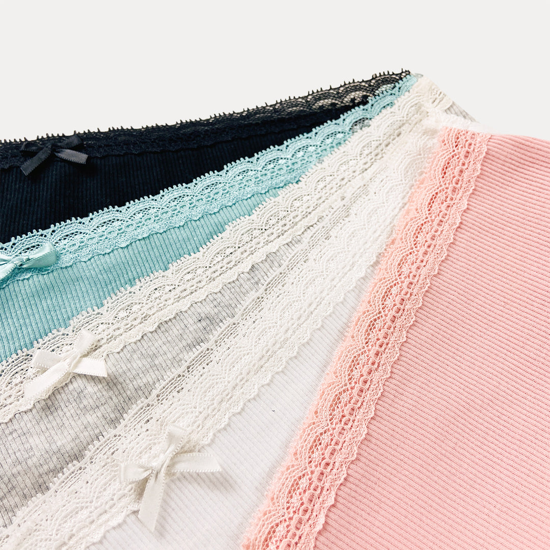 Pack of 3 Womens Ribbed Cotton Lace Waist Hipster Panty