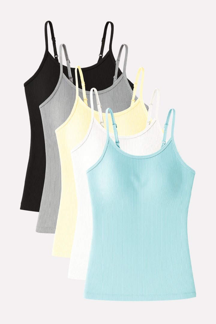 Womens Adjustable Straps Ribbed Built in Padded Bra Cotton Tank Top