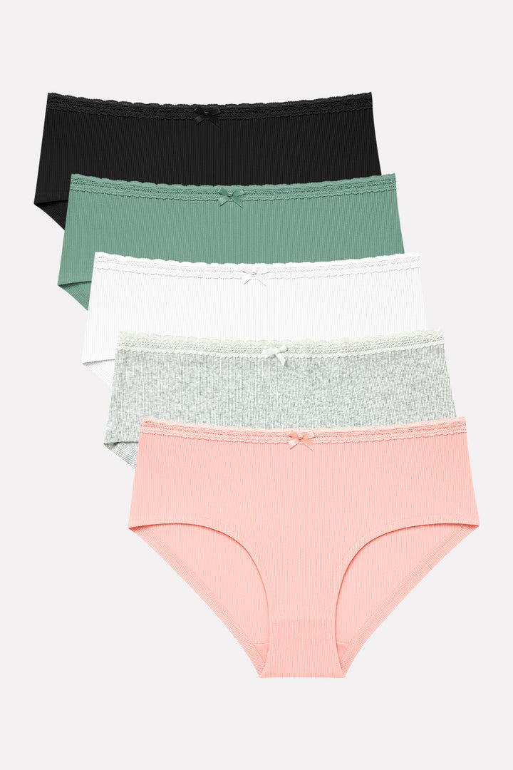 Pack of 3 Womens Ribbed Cotton Lace Waist Hipster Panty