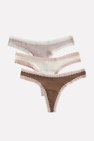 Womens 3 Pack Lace Trim Microfiber Brazilian Thong