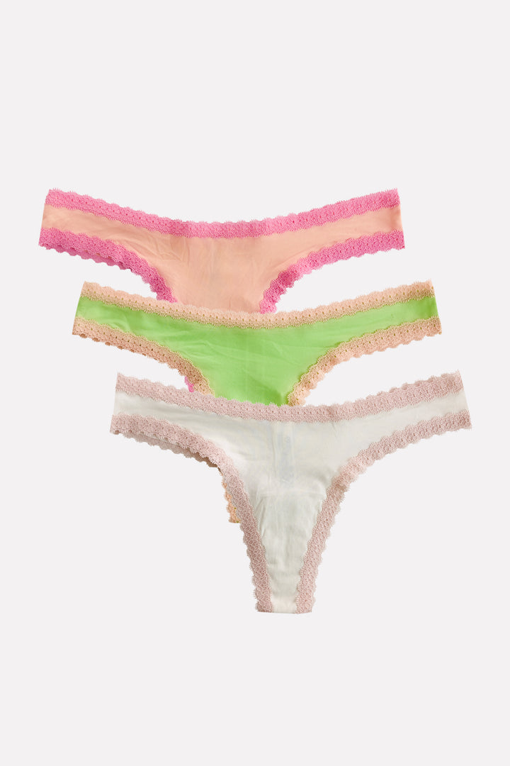 Womens 3 Pack Lace Trim Microfiber Brazilian Thong