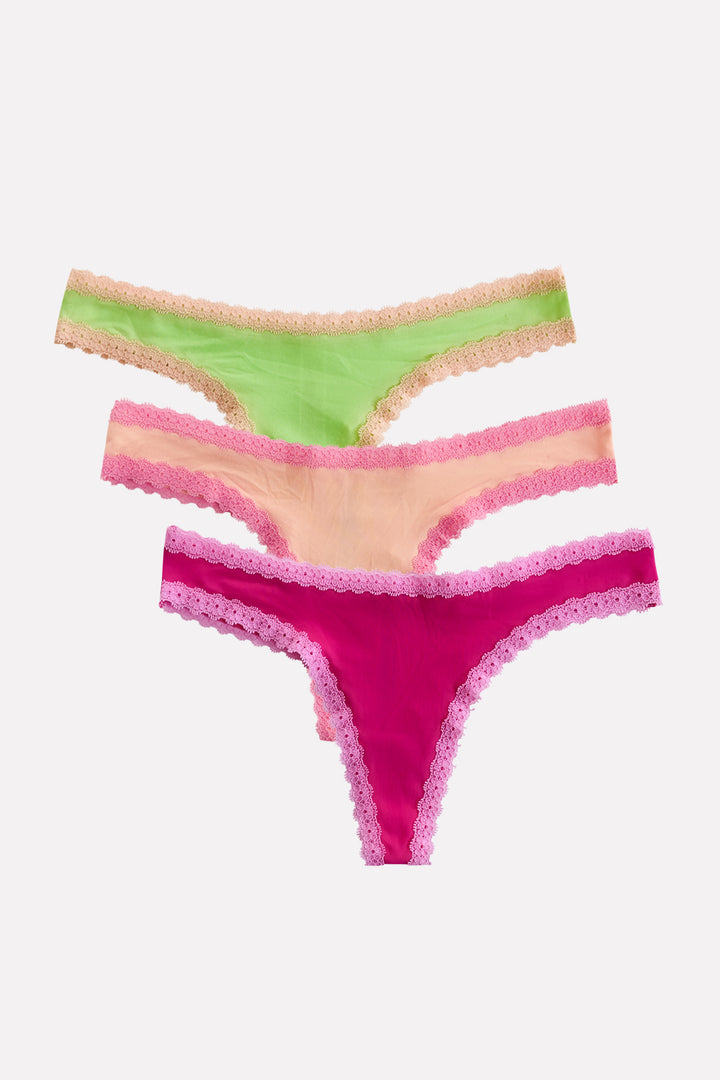 Womens 3 Pack Lace Trim Microfiber Brazilian Thong