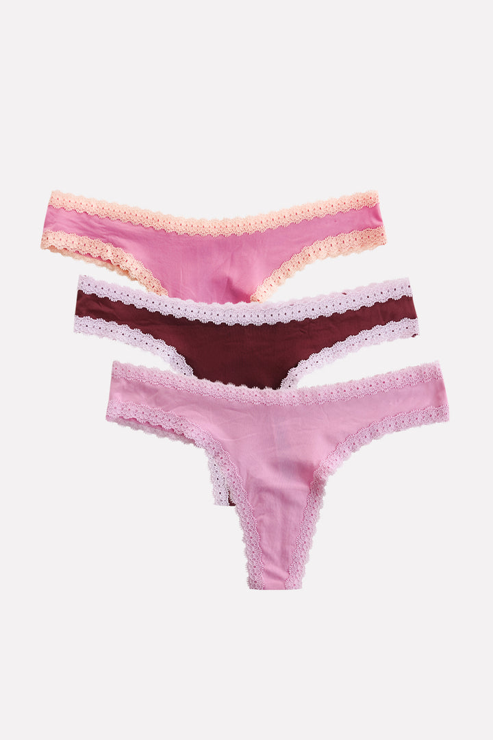 Womens 3 Pack Lace Trim Microfiber Brazilian Thong