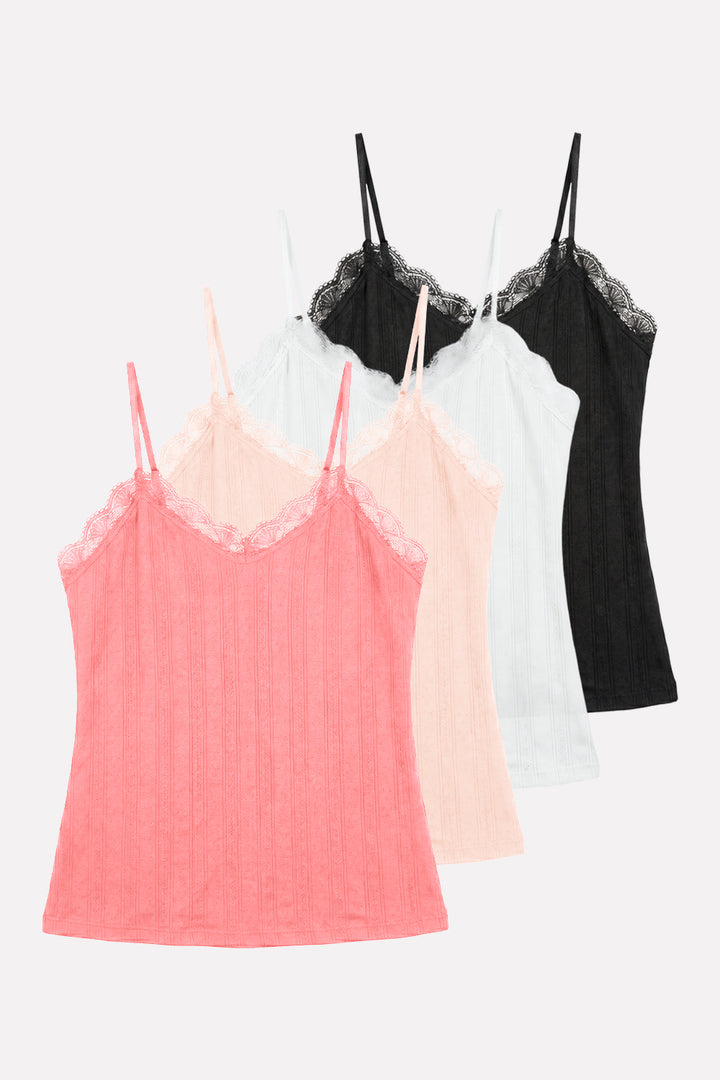 Womens Lace Trim Ribbed Slim Fit Adjustable Strap Camisole Tank Top