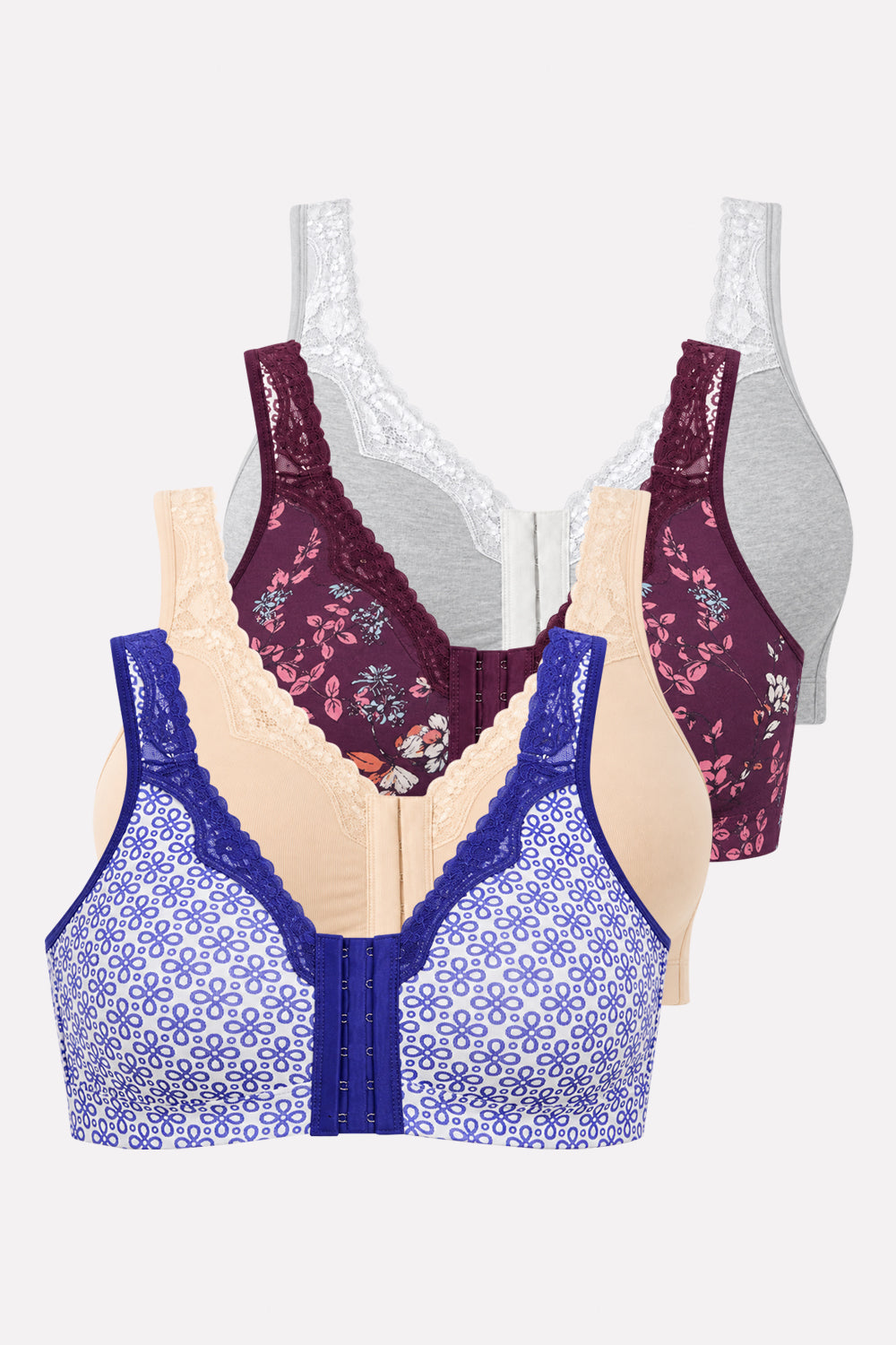 Womens Front-Close Cotton Comfort Lace Trim Bra