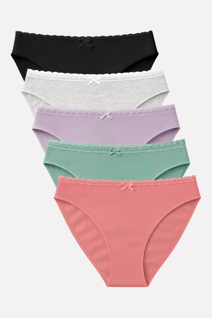 Pack of 3 Womens Ribbed Cotton Lace Waist Briefs Panty