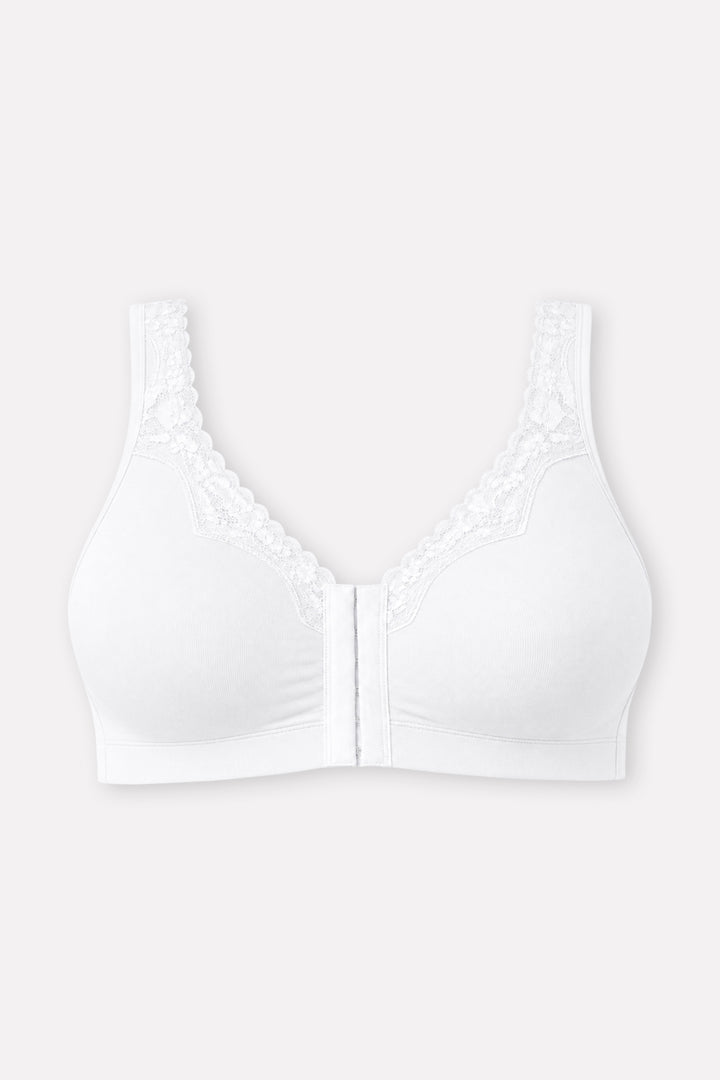 Womens Front-Close Cotton Comfort Lace Trim Bra