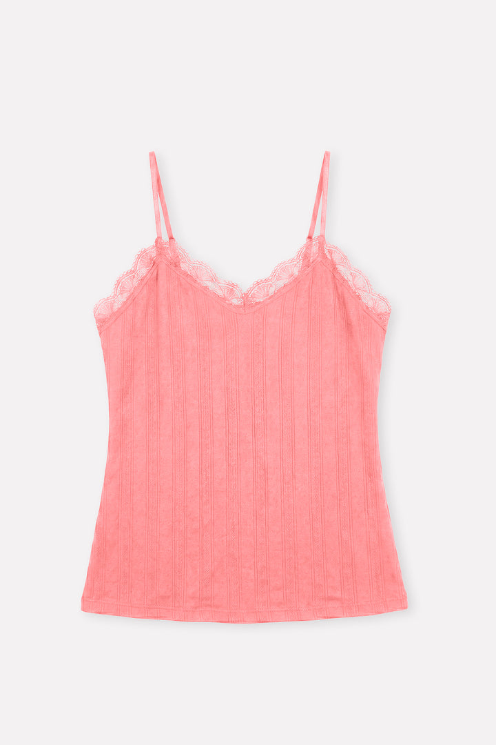 Womens Lace Trim Ribbed Slim Fit Adjustable Strap Camisole Tank Top