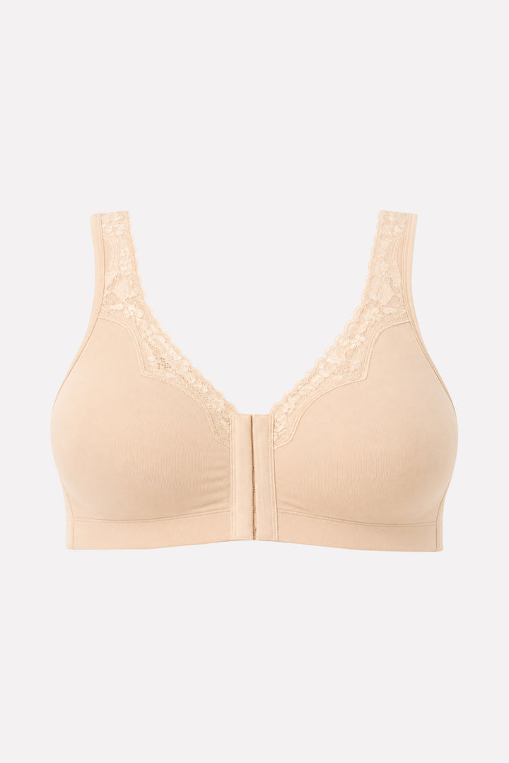Womens Front-Close Cotton Comfort Lace Trim Bra
