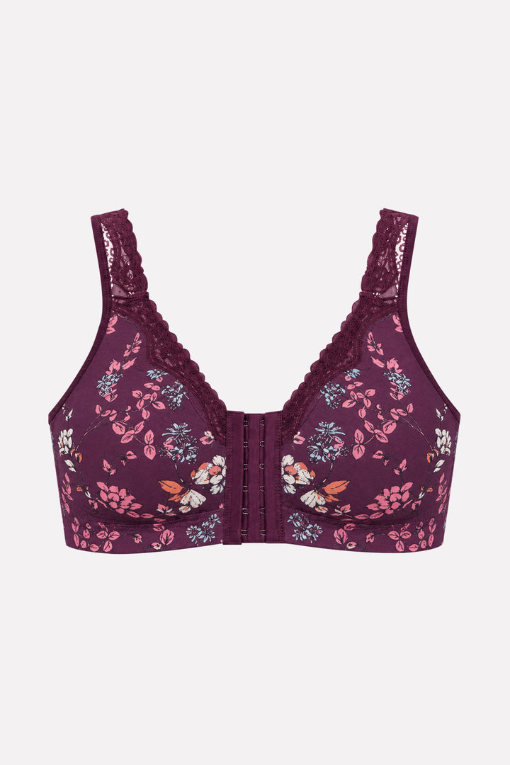 Womens Front-Close Cotton Comfort Lace Trim Bra
