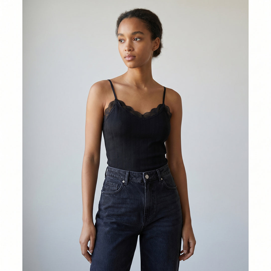 Womens Lace Trim Ribbed Slim Fit Adjustable Strap Camisole Tank Top
