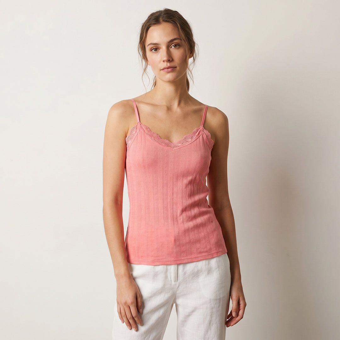 Womens Lace Trim Ribbed Slim Fit Adjustable Strap Camisole Tank Top