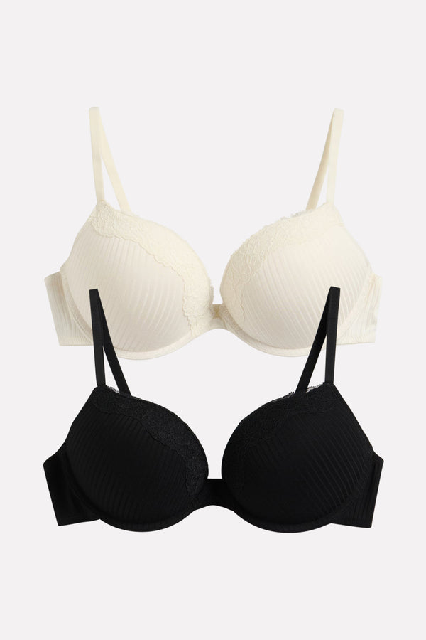 Womens Soft Viscose Jersey Lace Trim & Adjustable Straps Push-Up Bra